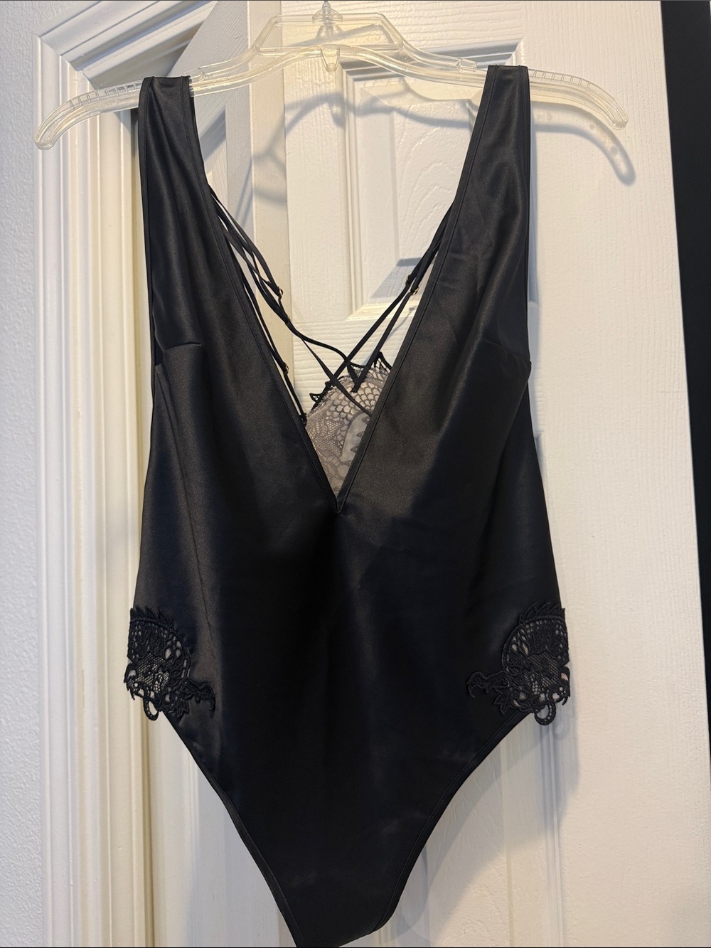 Victoria's Secret Black Lace-Accent Satin Bodysuit